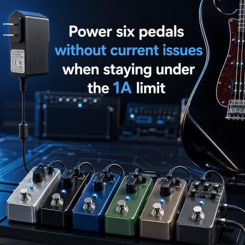 Image of Rockhouse 9V DC 1A Guitar Pedal Power Supply with 6 Way Daisy Chain Cable | Center Negative Power Adapter, Low Noise Pedal Charger, Supply for Pedalboard & Boss 1spot 9 Volt Device, 5.5 x 2.1 mm Barrel