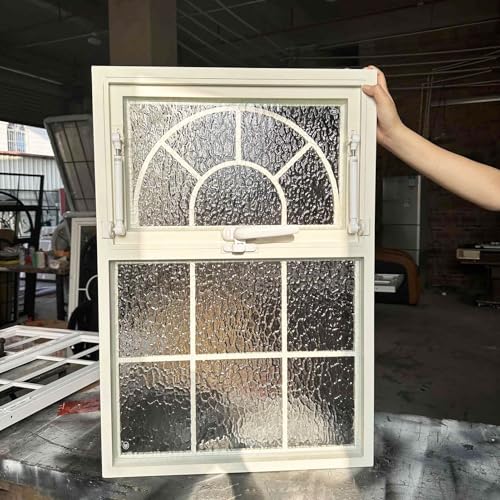 Ventanas Aluminio Ventana Decorativa Francesa con Marco Beige para El Hogar, Ventanas de Guillotina Doble con Ventana Inferior Fija y Ventana Superior Que Se Puede Abrir, Ventanas de Aluminio(30x55in/