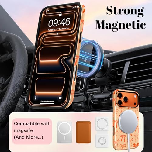 Image of Magnetic for iPhone 17 Pro Max Case for Women Men, Orange Bow | Cute Ribbon Bow Pattern Design [Compatible with MagSafe] 2-Layer Hybrid Shockproof Glossy Protective Cover