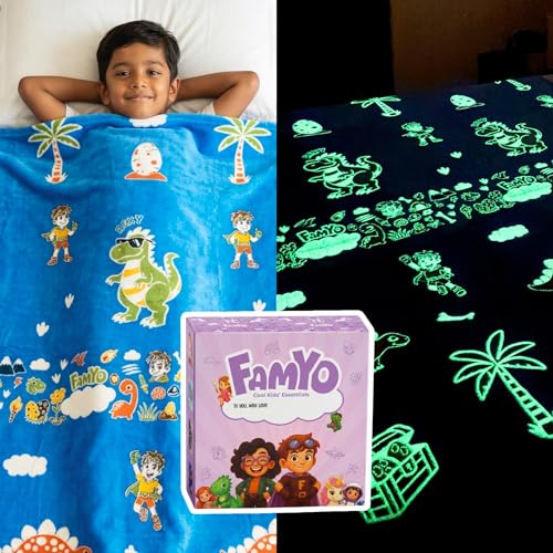 Image of Famyo GlowMaxx Glow Blanket for Kids - Rexy the Dino | 0-15 Yrs | 200x152 cm Double Bed Blanket | Soft Flannel Blankets for Winter | Ideal Gift for Kids Room Decor | Lab-Tested & Safe, (Blue)