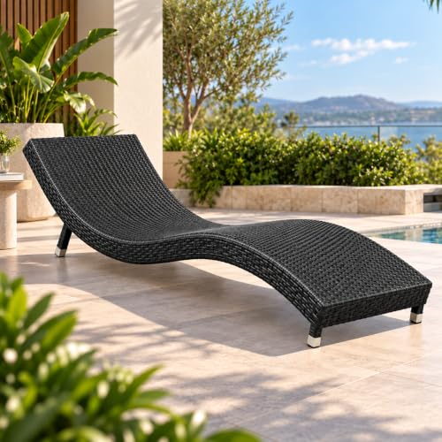 Image of Outdoor Wicker Chaise Lounge, Sun Lounger for Garden, Terrace, Poolside & Patio, Lounge Chair for Sunbathing, Reading & Relaxation (Black)