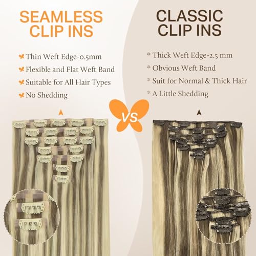 Image of DOORES Human Hair Extensions Clip in, Light Brown Highlighted Medium Blonde 110g 7pcs 22 Inch, Seamless Clip in Hair Extensions Remy Hair Thin Weft Straight Hair Invisi Edge Hair Extensions