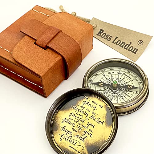 Ross London For I Know The Plans I Have for You "Jeremiah 29:11 - Brújula grabada - Brújula de latón con caja de cuero - Brújula de regalo - Brújula de bolsillo anticuado - Regalo Cover