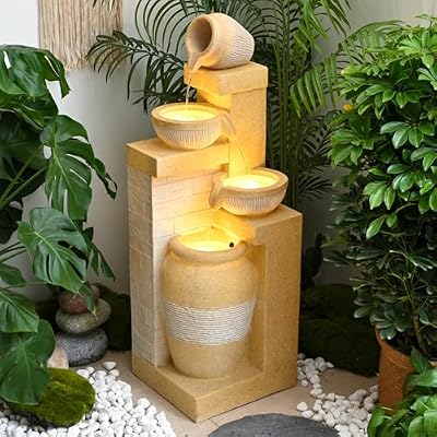 31.89" 4-Tier Outdoor Garden Water Fountain, Floor-Standing Cascading Waterfall with LED Lights, Rustic Pot Water Feature for Patio, Backyard, Deck, Porch, Indoor Outdoor Home Decor
