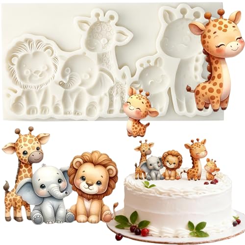 Ikojing 1Pc 3D Giraffe Lion Elephant Silicone Fondant Mold Cute Jungle Theme Safari Animals Mold For Cake Decorating Cupcake Toppers Candy Gum Paste Chocolate Candy Resin Diy Clay Crafts Food Grade