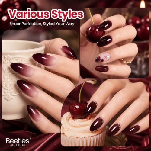Image of Beetles Dark Red Gel Nail Polish - Cherry Allure 15ML Burgundy Red Jelly Gel Polish Sheer Translucent Cherry Wine Color Soak Off UV French Nail Art DIY Home Manicure Salon Nail Art Gift for Women