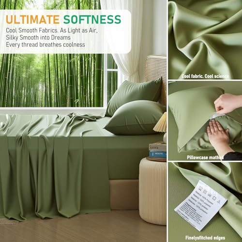 Image of 100% Viscose Derived from Bamboo Sheets Queen Size, Soft & Cooling Viscose from Bamboo Sheets Set, Organically Grown,Breathable & Soft Deep Pocket Up to 18 Inches(Light Green)