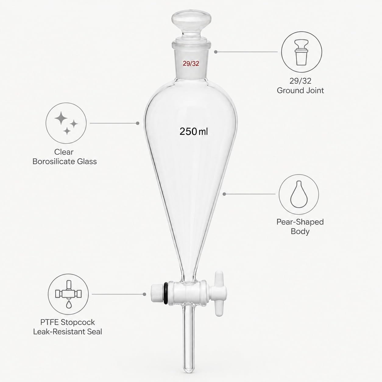 Embudo Separador Piriforme Vidrio Borosilicato Llave PTFE Extracción-10000ml 29/32