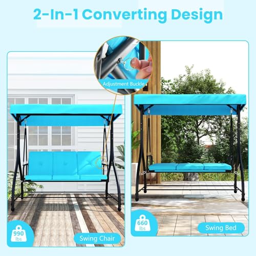 Image of HAPPYGRILL 3-Seat Outdoor Porch Swing, 2-in-1 Swing Glider with Adjustable Canopy, Removable Cushions, Foot Pad, Curved handrails, Outdoor Swing for Patio Yard Garden Balcony Backyard (Turquoise)