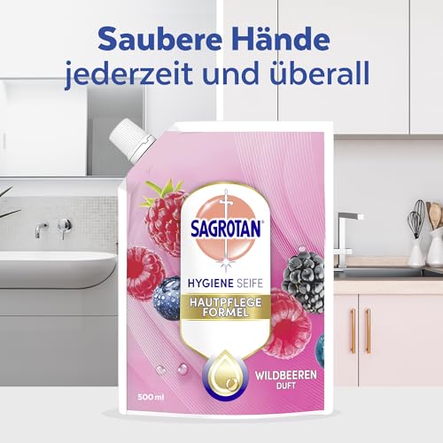 Sagrotan Handseife Nachfüller Brombeere und Waldfrüchte – Feuchtigkeitsspendend und stark gegen Bakterien – 6 x 500 ml Handseife – Ansicht 5