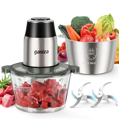 Ganiza Picadora de carne eléctrica, procesador de alimentos con 2 recipientes (1,8 L + 1,8 L), 2 cuchillas dobles, 2 velocidades, picadora eléctrica multifuncional para carne, verduras y frutos secos