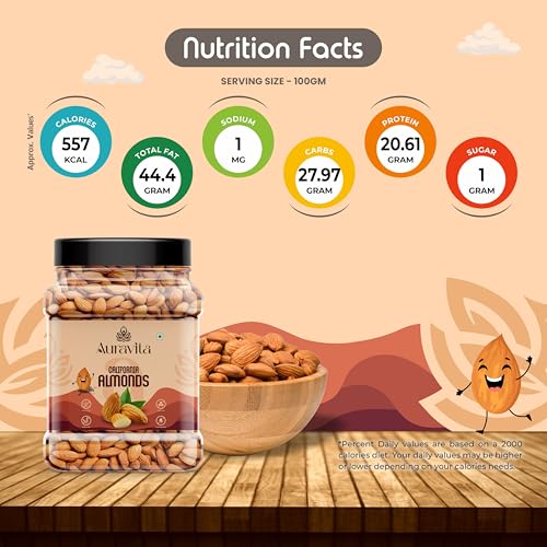 Image of Auravita California Almonds 500gm | Crunchy & Healthy Dry Fruit, Premium Badam Giti for Daily Nutrition | Healthy Diet Snacking Resealable Jar Pack