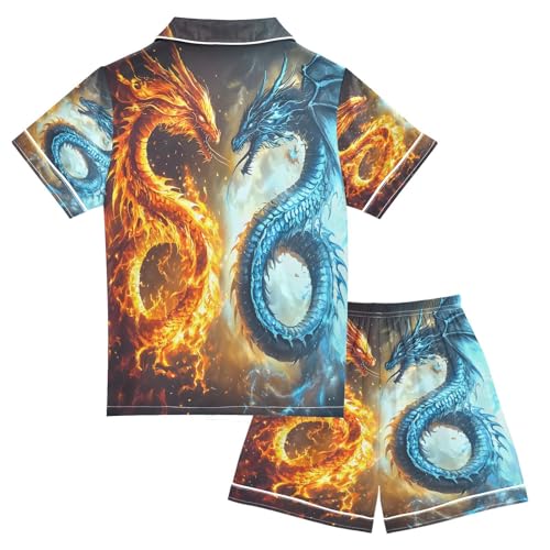 ALAZA Funny Dragon Fire Water Satin Pajamas Set Short Sleeve Button Down Sleepwear Summer Pjs 2 Piece2