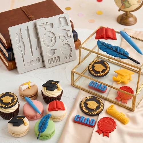 Image of Sakolla 2 Pack 2026 Graduation Candy Chocolate Molds, Doctoral Cap Diploma Scroll Badge Pen Shape Fondant Silicone Molds for Party Cake Decoration(Mini /Grey)