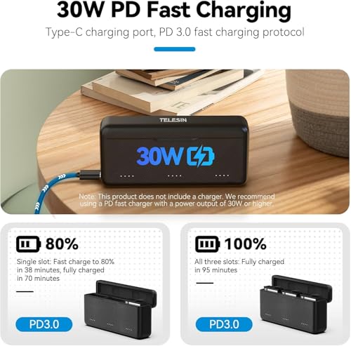 Image of TELESIN Osmo Action 5 Pro Battery Charger for DJI Action 5 Pro Triple Slot PD 30W Fast Charging Case with Type-C Cord Batteries Case Fully Compatible with Action 5 Pro Extreme Battery