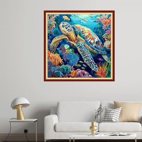Image of Joyhoor Cross Stitch Kits for Beginners Stamped Cross-Stitch Supplies Needlework preprint Embroidery Kits for Adults DIY Needlepoint Kit Embroidery Patterns 11CT-Underwater sea Turtle 18x18 inch