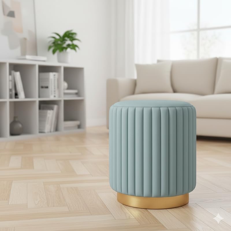 Image of Designer Velvet Round Footstool Ottoman with Sturdy Gold Metal Band Base for Home Decor & Extra Seating, Lightweight Pouf Stool for Sofa Side & Bedroom, 16x16x17 Inch (Aqua)