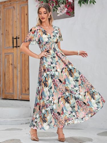 Image of Simplee Women's Boho Floral Maxi Dress Flowy Casual V Neck Short Sleeve Wedding Guest Holiday Beach Long Dress