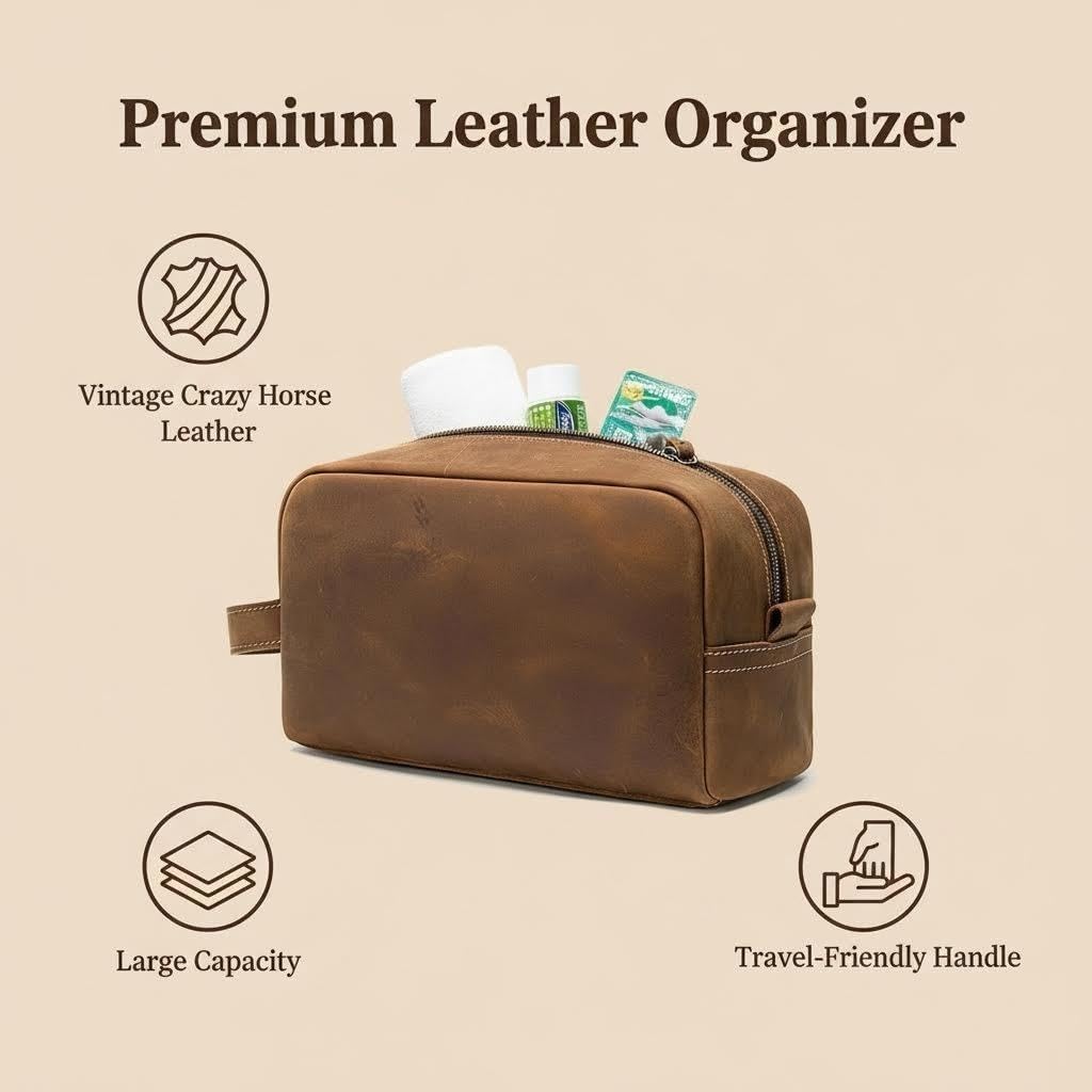 Neceser de viaje de cuero vacuno para hombre, kit de afeitado resistente al agua y organizador de cosméticos, bolsa de aseo unisex, Marrón1
