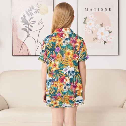 ALAZA Tropical Flower Sugar Skull Blossom Pajamas Satin Pajama Set Short Sleeve Button Down Sleepwear4