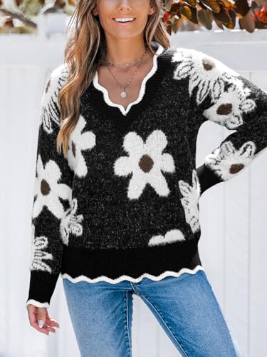 Image of CUPSHE Sweaters for Women Long Sleeve Pullover Knit Tops | Floral Scalloped V Neck Pullover Sweaters, Soft and Cozy Fabrics, Relaxed Fit, Fall Clothes, Winter Clothing, Cute Fashion