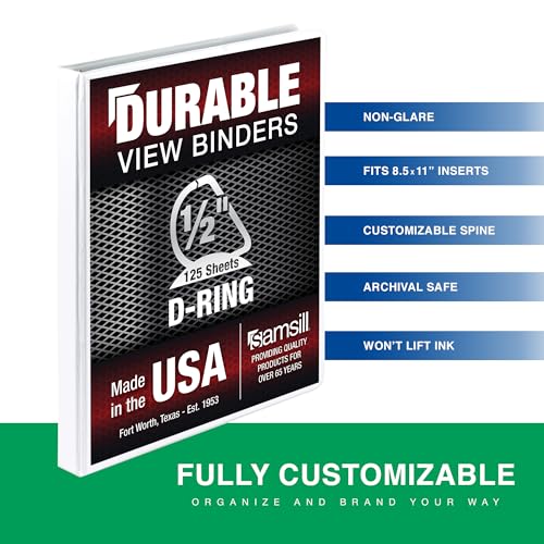 Image of Samsill Durable 0.5 Inch Binder, D Ring Binder, Customizable Clear View Cover, Pearl White, Holds 125 Pages