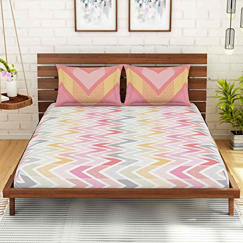 Image of Spaces Atrium 100% Cotton King Size Fitted Double Bedsheet with 2 Pillow Covers - Coral(1.83m&1.98m&(0.3m Drop))