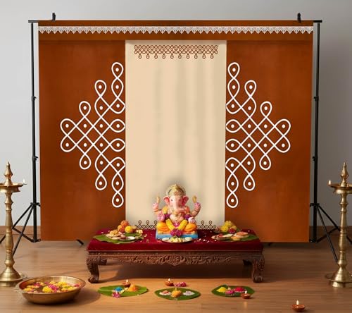 Image of FestivalBackdrops Brown Terracotta Kolam Printed Backdrop 8Ft-10Ft for Pooja & Wedding Decoration, Fully Stitched with Curtain Rod Loops | Ideal for South Indian Pooja, Festivals & Mandir Decoration