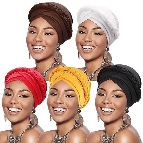 Image of DRESHOW African Women Turban Caps Beanie Twist Headscarf Pre-Tied Twisted Braid Headwraps for Women Chemo Cancer Cap