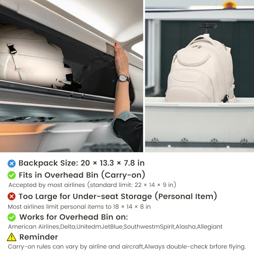 Boavan Rolling Backpack for Women, 17.3 Inch Wheeled Laptop Backpack,Large Travel Carry-On Bag for Teachers College Students, USB Charging Port Waterproof Business for Airplane Overnight Luggage,Beige - Image 4