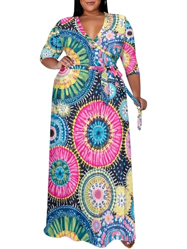 Image of SUZONANA Plus Size Maxi Dresses for Curcy Women Casual Loose 3 /4 Sleeve Long Dress with Belt