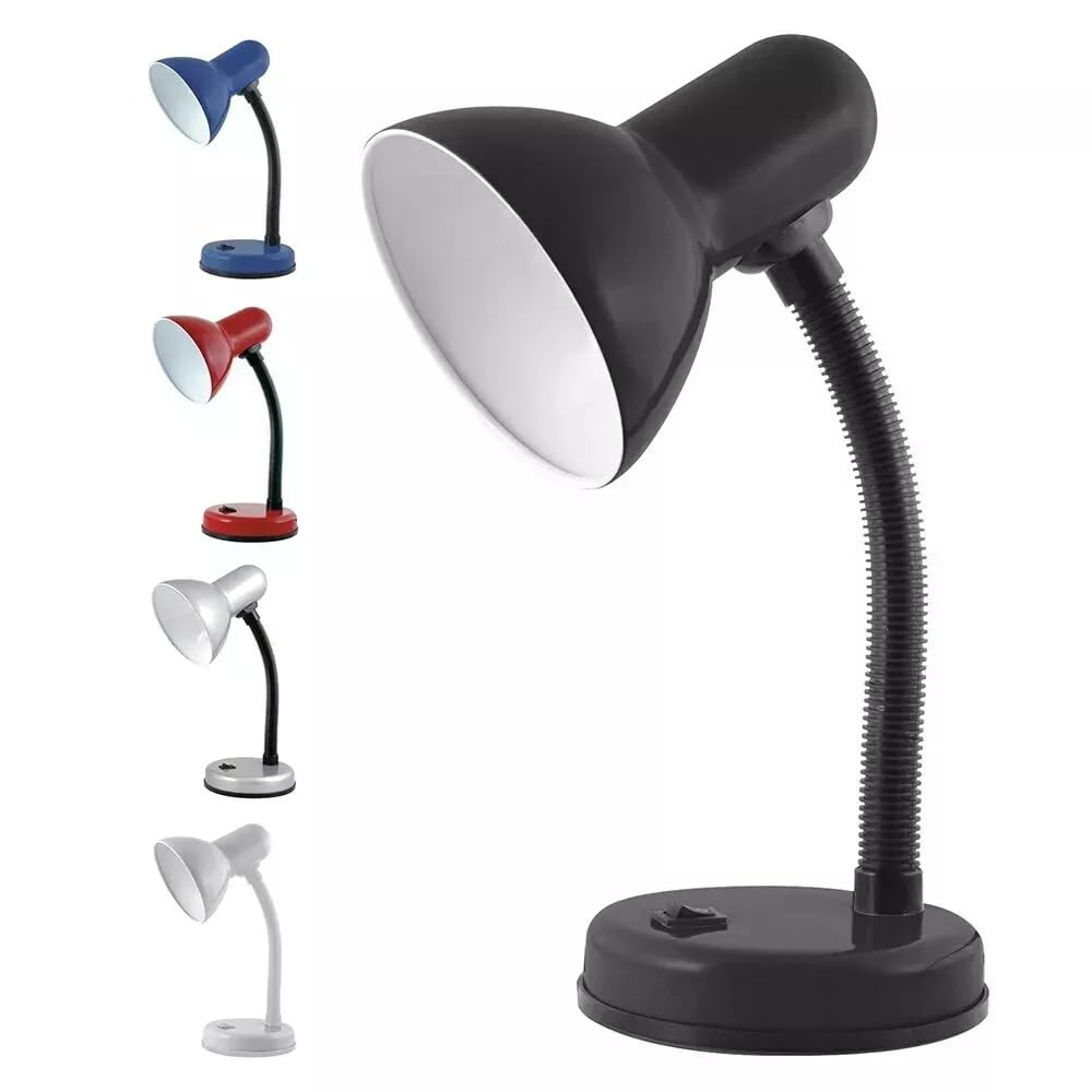 Desk Table Flexi Neck Reading Work Lamp – Adjustable Metal & Plastic Construction – Integral On/Off Switch – Bulb Not Included – 34cm Height (Black)