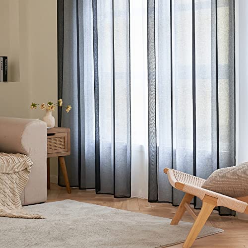 EMEMA Set of 2 Sheer Voile Curtains with Eyelets Transparent Voile Polyester Eyelet Curtain Transparent Living Room Airy Decorative Curtain for Bedroom 140 x 175 cm (W x H) Black - Image 2