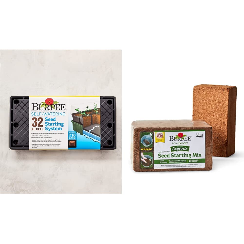 Burpee XL Self-Watering Growing System Indoor Seed Starting 10" W x 20" L x 5" H, 1 Kit (32 Cells) Organic Coconut Coir Concentrated Seed Starting Mix, 16 Quart