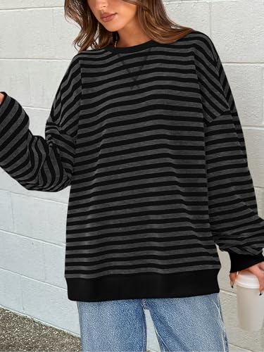 Image of PRETTYGARDEN Womens Striped Oversized Sweatshirt Color Block Crew Neck Long Sleeve Casual Loose Pullover Top Y2K Clothes