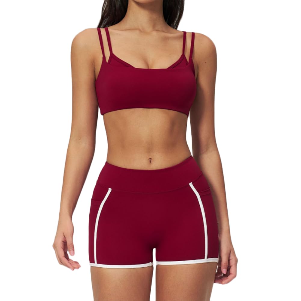 Jpxjgt Women's Red Sports Bra Workout Shorts Set High Elastic Gym Fitness Wear Breathable Lightweight Yoga(Size:l,Color:red)