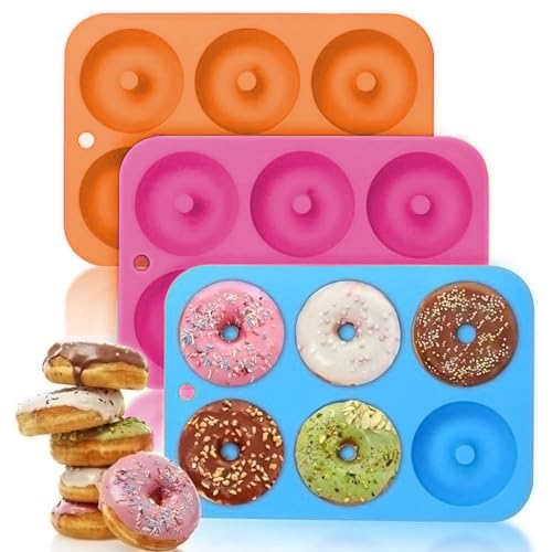 Sinzau Moldes de silicona para hornear donuts, 3 unidades, 6 cavidades, antiadherentes, aptos para lavavajillas, para producción entusiasta de la repostería, pasteles, galletas, panecillos (rosa