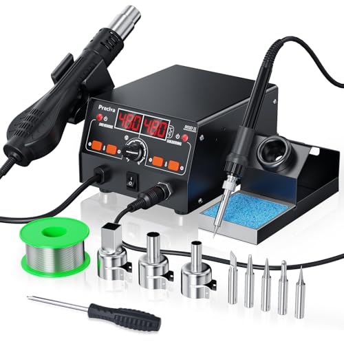 Preciva 902DII EstacióN de Soldadura 2 En 1 750w, 2 En 1 Soldering Station Soldador De EstañO Profesional Con Pantalla Led, 4 Boquillas, 5 Puntas, 30 G De Soldadura Sin Plomo