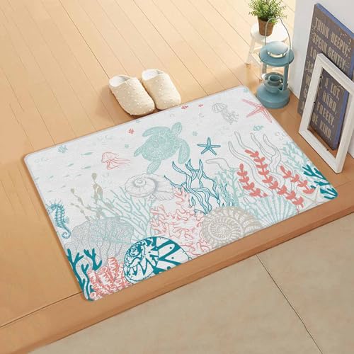 Coastal Summer Ocean Antifatigue Kitchen Bath Door Mat Cushioned Runner Rug,Washable Welcome Floor Sink Mat,Waterproof Non-Slip Kitchen Standing Doormat,Sea Turtle Coral Seaweed Shell Starfish 18