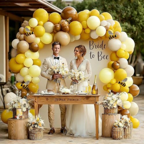 Image of Balloon Garland Arch Kit Pastel Yellow Blush White Sand Brown Balloons Double Stuffed Mustard Yellow Bee Balloons for Neutral Baby Shower Wedding Birthday Gender Reveal Fall Party Decorations