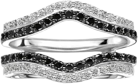Drizzle Jewels 2.00 Ct Lab Created White and Black Diamond Pave Double Curved Wedding Band Ring Enhancer, 14K White Gold Finish