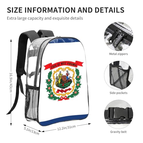 West Virginia state flag Print Work Travel Stadium Events Transparent Backpack PVC Clear Bag Large Side Pockets4