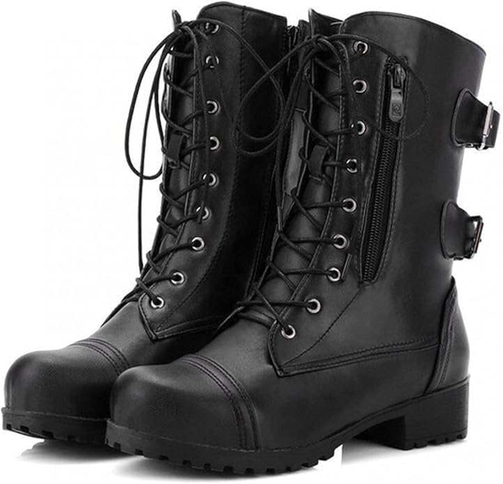Womens Combat Boots with Side Zipper Built-in Wallet Pocket Fashion Leather 10-Eyes Lace Up Mid Calf Military Boots