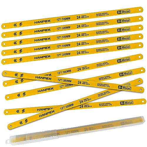 Hanpex Hacksaw Replacement Blades (10 Pack) High Speed 24 TPI - 300mm (12") Length Hack Saw Blade - Bi-Metal HSS Cutting Blades