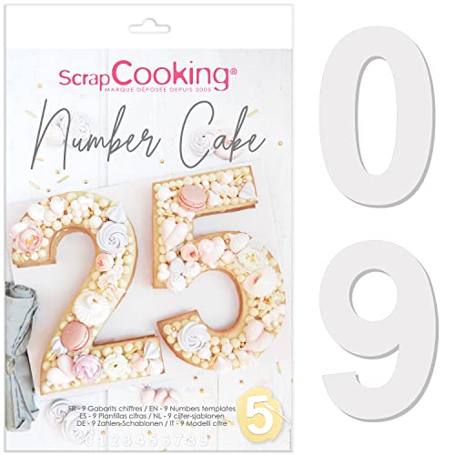 Scrap Cooking - Kit Moules Number Cake - Chiffres 0 à 9 - Hauteur 28 cm / 11 pouces - Gabarits Accessoires Pâtisserie – Gâteaux en Forme de Numéros Dessert Anniversaire - Avec Recettes - 3927