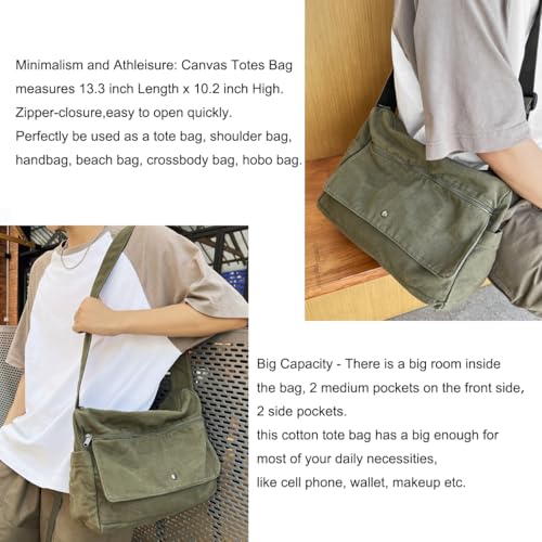 Image of Cotton Tote Handbag Women Canvas Crossbody Beach Bag Hobo Shoulder Tote Bag with 3 External Pocket,Zipper Closure