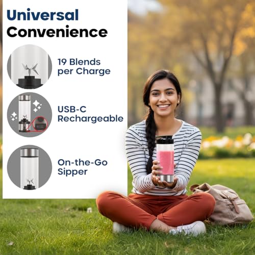Image of Crompton Ameo Fresh Portable Blender | Smoothie & Juice maker | 126W Blender Mixer Grinder | USB-C Rechargeable | Compact & Travel Friendly | 1 Year Warranty | Smart safety lock | 400 ml | Sipper Cap