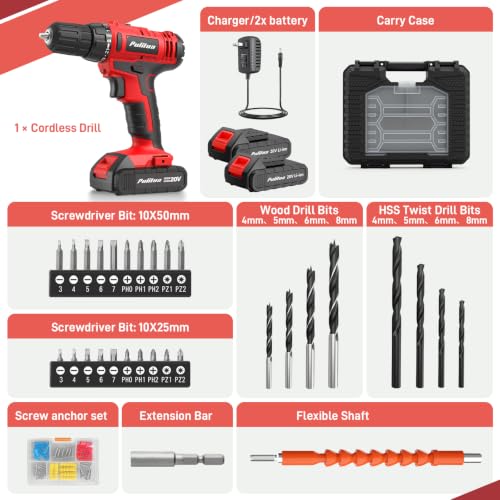 Image of PULITUO 20V Cordless Drill Set, 2 Batteries Electric Screwdriver, 30Nm Power Drill Driver, 21+1 Torque, 2 Speed, 3 /8 inchKeyless Chuck, power Drill with LED Light, Drill Driver Kit for Home (Red)