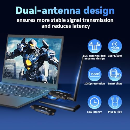 Image of Wireless HDMI Transmitter and Receiver, 50 Meter 165ft Range, Plug and Play, Support 2.4 /5.8GHz 1080P Streaming Audio Video from Laptops, PC etc (HDMI Wireless Plug and Play (50 Meter)