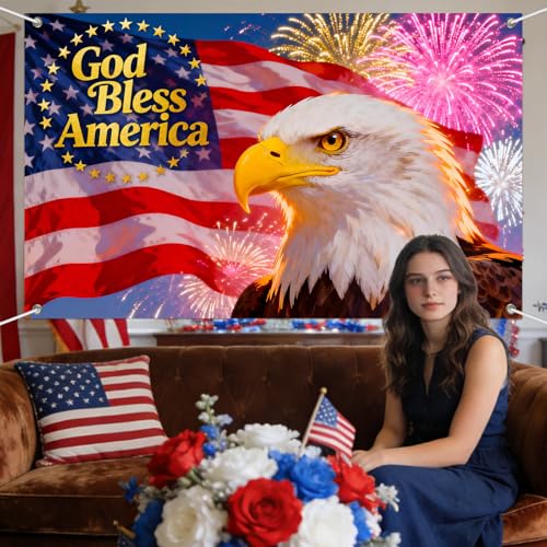Image of IVN God Bless America Backdrop Banner 71 x 43 Inch Patriotic Bald Eagle USA Flag Fireworks Background Photo Booth Backdrop 4th of July Independence Day Memorial Day Veterans Day Indoor Outdoor Decor